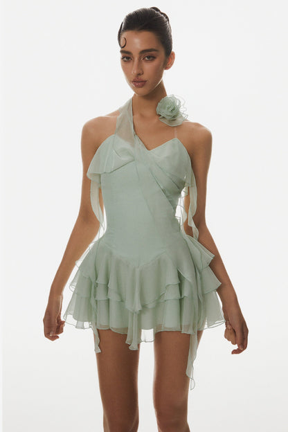 Kyrie Halter Floral Ruffle Mini Dress - Green Avalabel