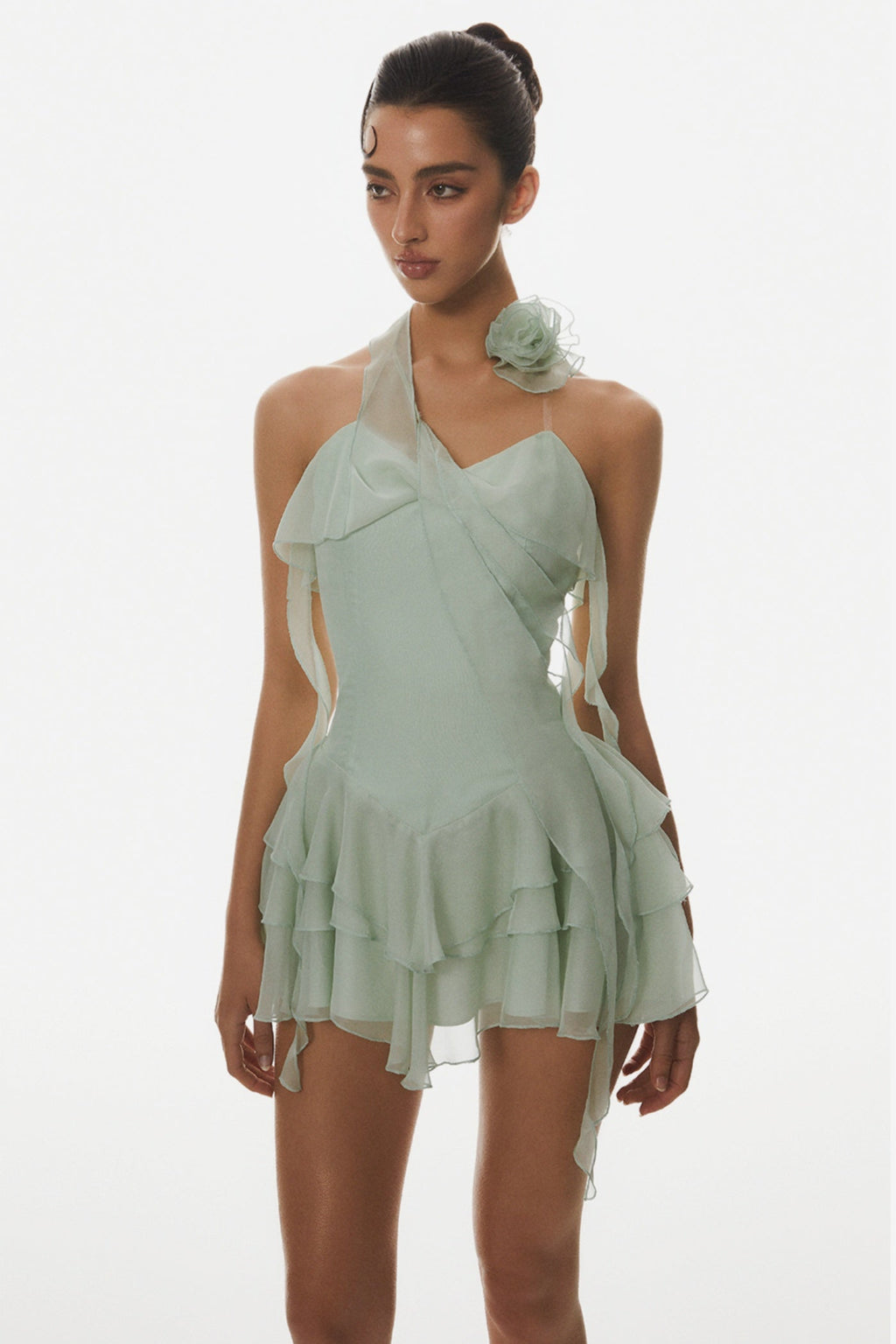 Kyrie Halter Floral Ruffle Mini Dress - Green Avalabel