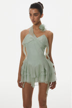 Kyrie Halter Floral Ruffle Mini Dress - Green Avalabel