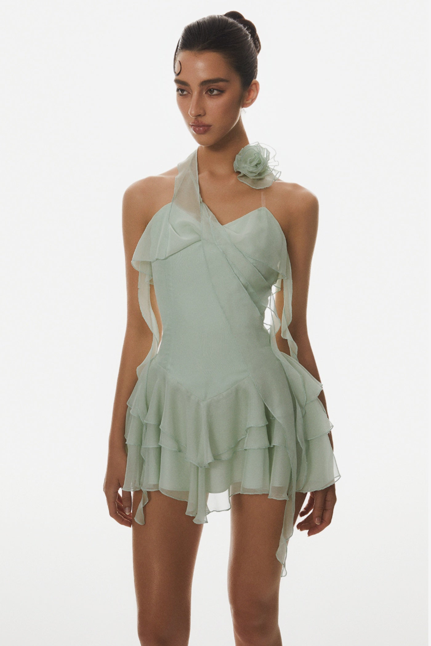 Kyrie Halter Floral Ruffle Mini Dress - Green Avalabel