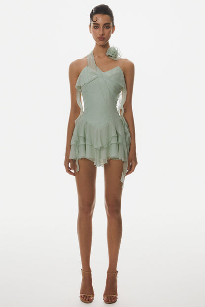Kyrie Halter Floral Ruffle Mini Dress - Green Avalabel