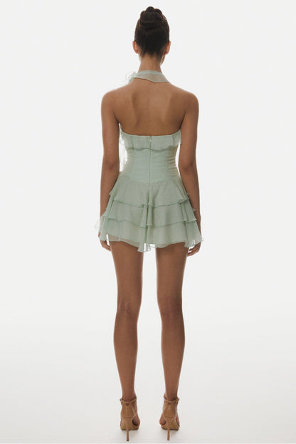 Kyrie Halter Floral Ruffle Mini Dress - Green Avalabel