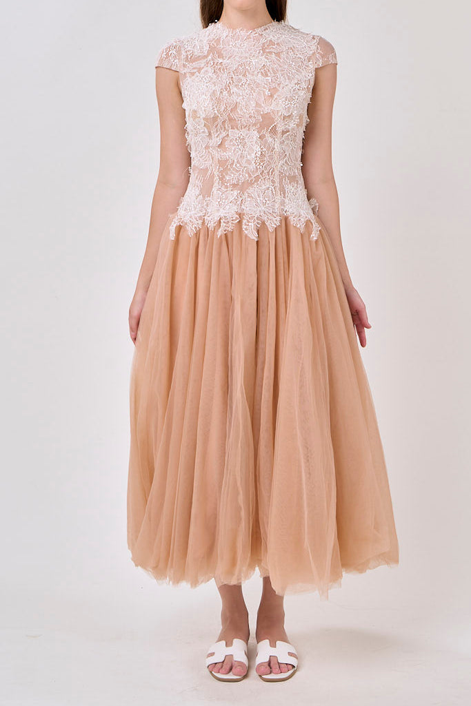 elvira Sequin lace crochet patchwork mesh maxi dress in brown Avalabel