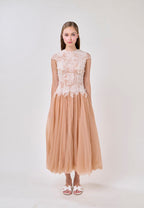 elvira Sequin lace crochet patchwork mesh maxi dress in brown Avalabel