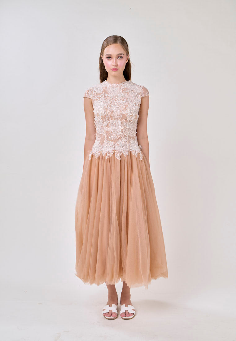 elvira Sequin lace crochet patchwork mesh maxi dress in brown Avalabel