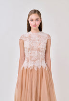 elvira Sequin lace crochet patchwork mesh maxi dress in brown Avalabel