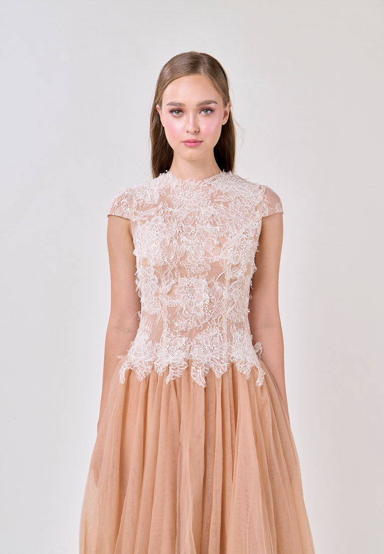 elvira Sequin lace crochet patchwork mesh maxi dress in brown Avalabel