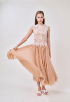 elvira Sequin lace crochet patchwork mesh maxi dress in brown Avalabel