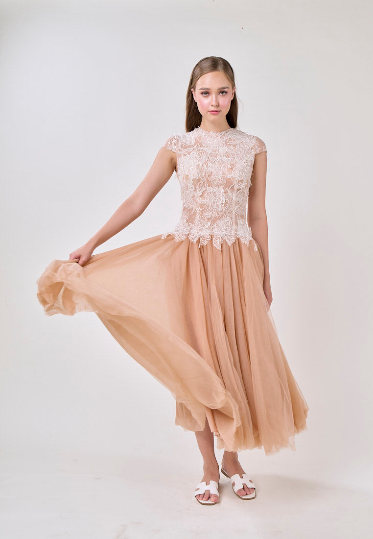 elvira Sequin lace crochet patchwork mesh maxi dress in brown Avalabel