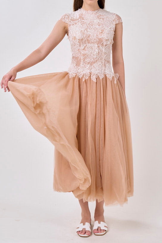 elvira Sequin lace crochet patchwork mesh maxi dress in brown Avalabel