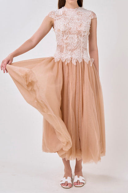 elvira Sequin lace crochet patchwork mesh maxi dress in brown