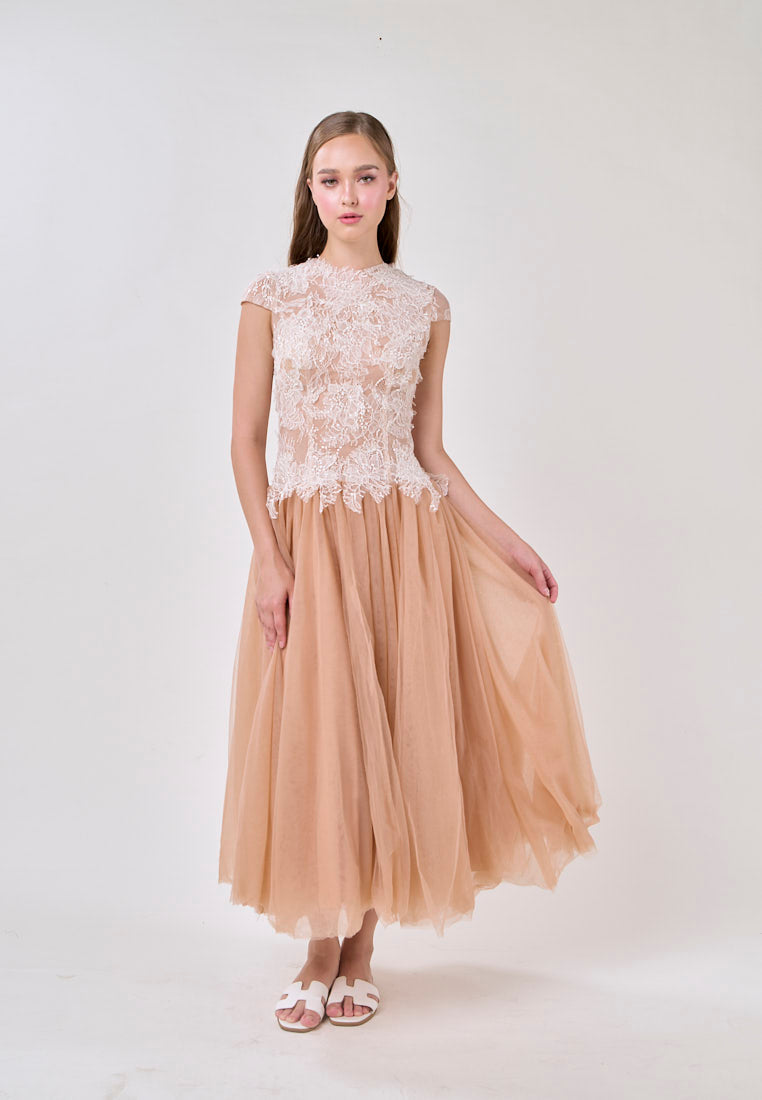 elvira Sequin lace crochet patchwork mesh maxi dress in brown Avalabel