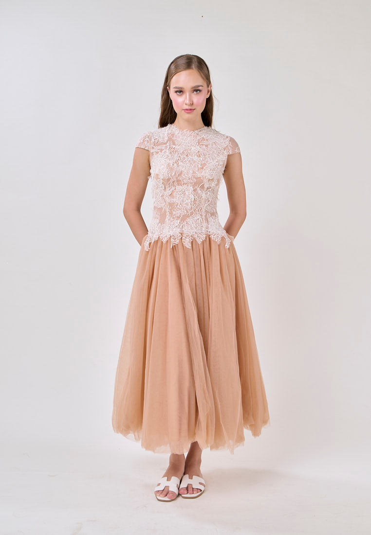elvira Sequin lace crochet patchwork mesh maxi dress in brown Avalabel
