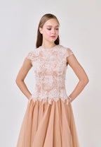 elvira Sequin lace crochet patchwork mesh maxi dress in brown Avalabel
