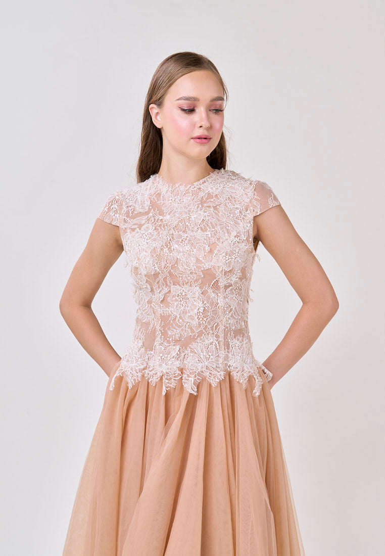 elvira Sequin lace crochet patchwork mesh maxi dress in brown Avalabel