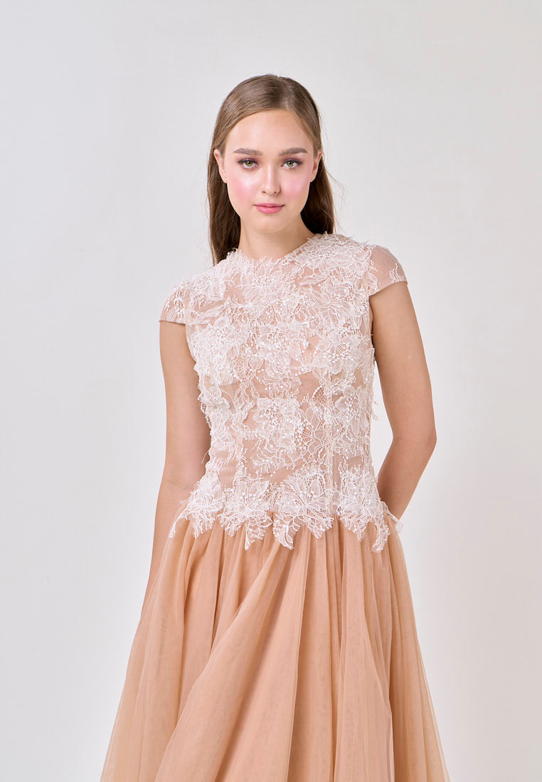 elvira Sequin lace crochet patchwork mesh maxi dress in brown Avalabel