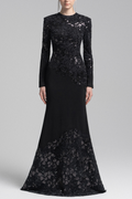 Jacqueline Black Lace Embroidered Long Sleeve Maxi Dress Avalabel