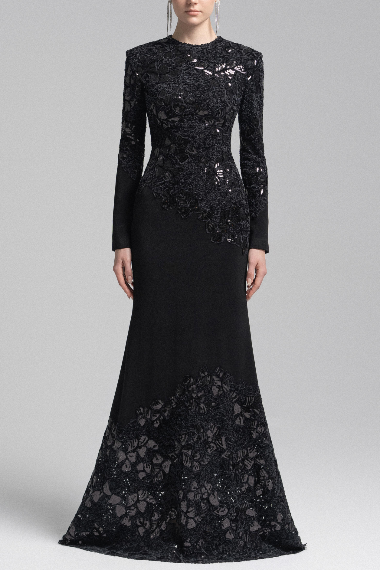 Jacqueline Black Lace Embroidered Long Sleeve Maxi Dress Avalabel