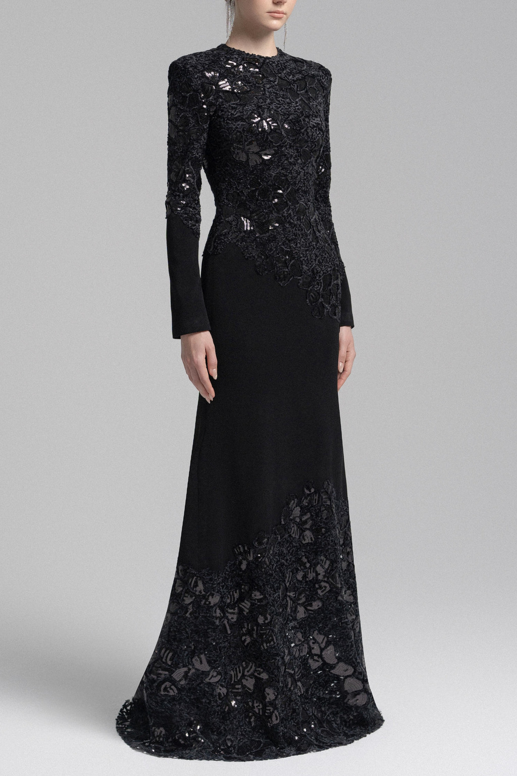 Jacqueline Black Lace Embroidered Long Sleeve Maxi Dress Avalabel