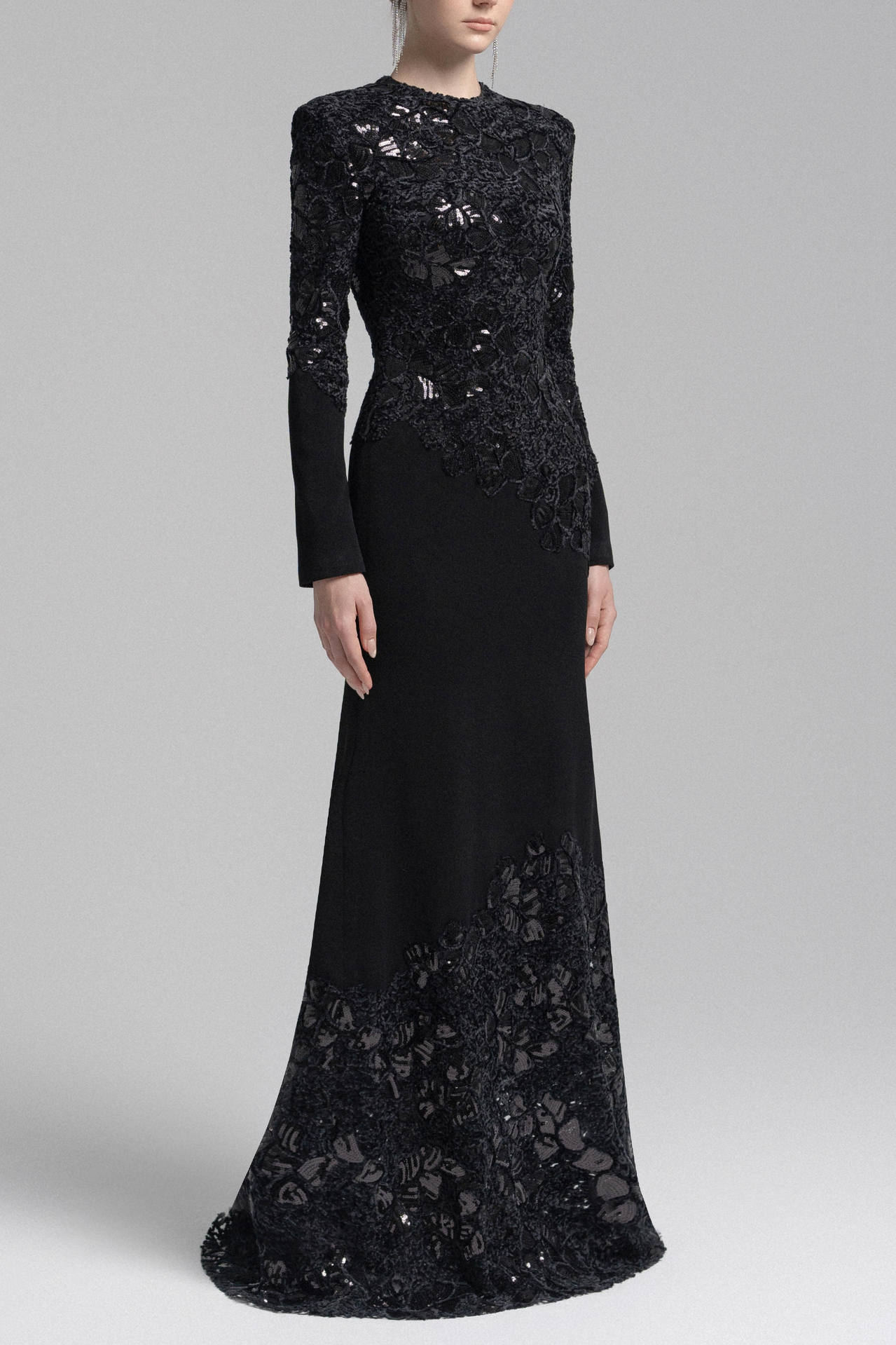 Jacqueline Black Lace Embroidered Long Sleeve Maxi Dress Avalabel