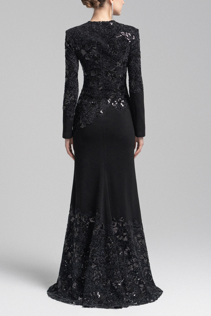 Jacqueline Black Lace Embroidered Long Sleeve Maxi Dress