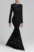 Jacqueline Black Lace Embroidered Long Sleeve Maxi Dress Avalabel
