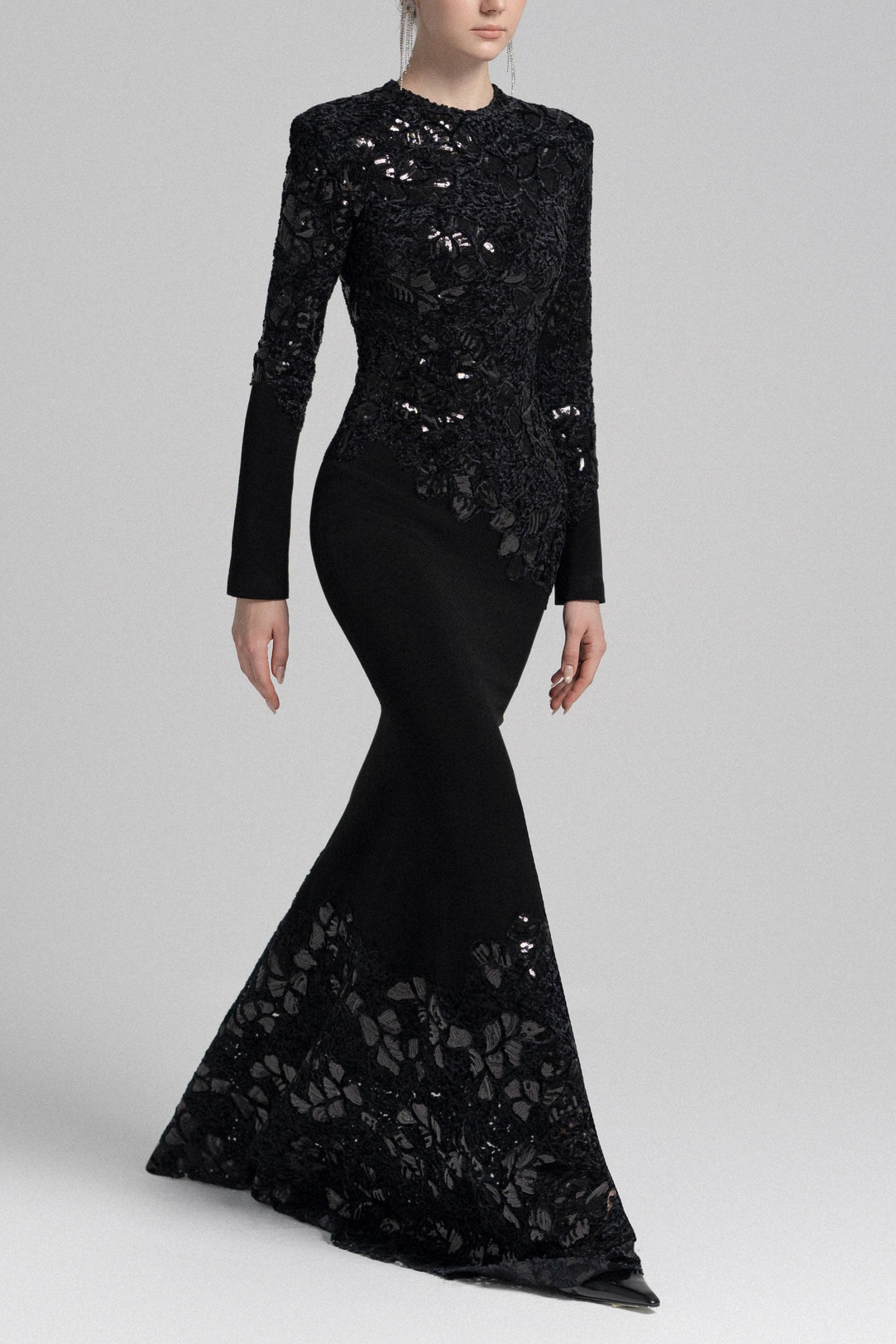 Jacqueline Black Lace Embroidered Long Sleeve Maxi Dress Avalabel