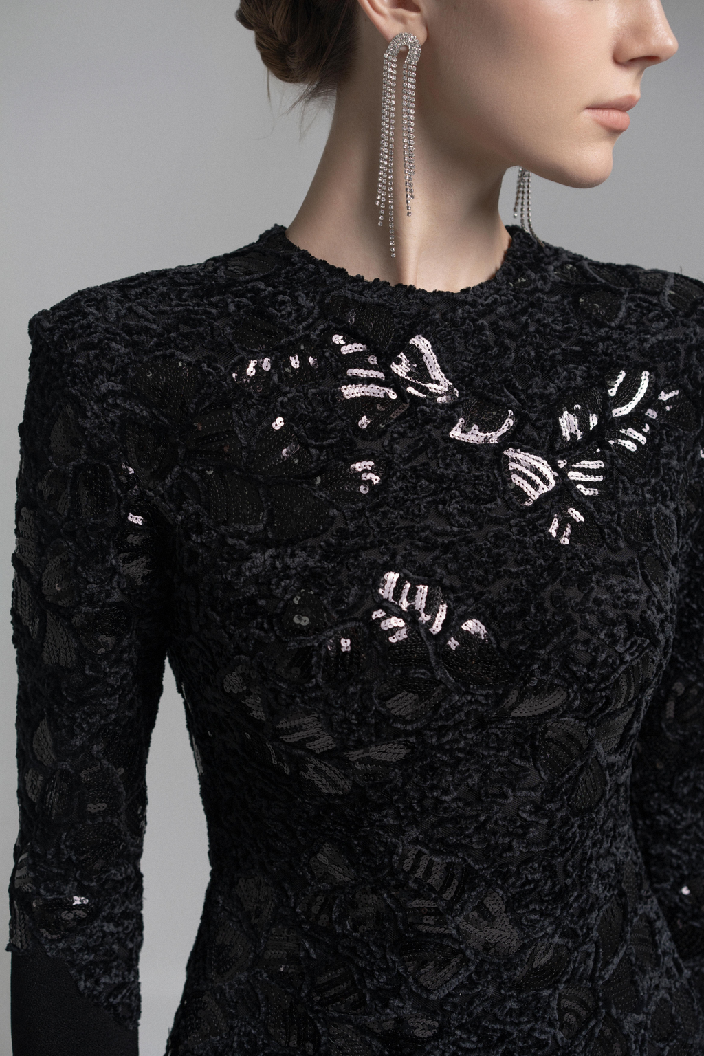 Jacqueline Black Lace Embroidered Long Sleeve Maxi Dress Avalabel