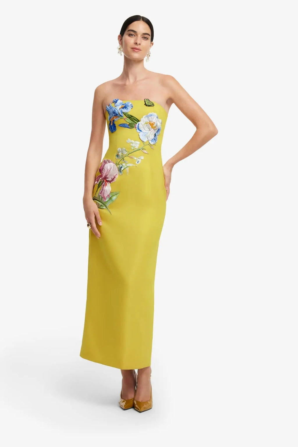 heloise Appliqué Floral Bustier Maxi Dress in yellow Avalabel