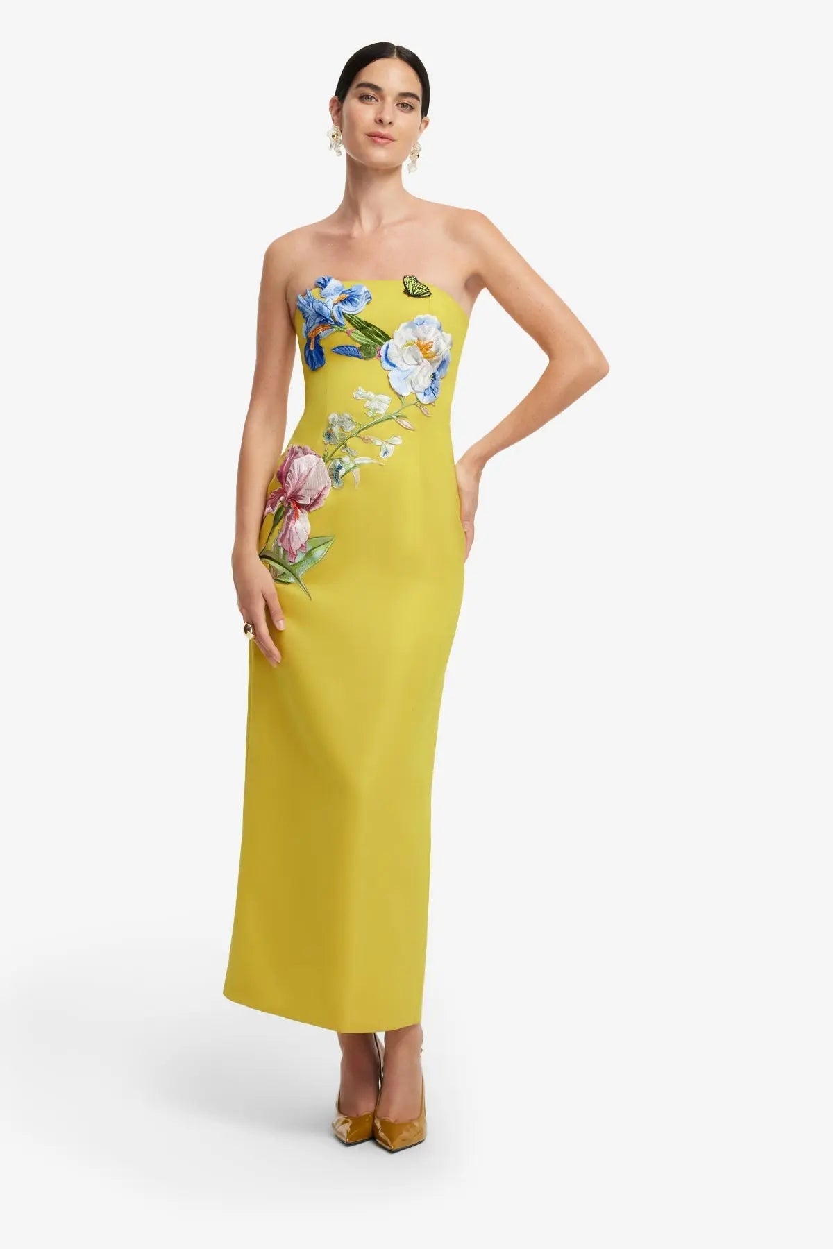 heloise Appliqué Floral Bustier Maxi Dress in yellow Avalabel