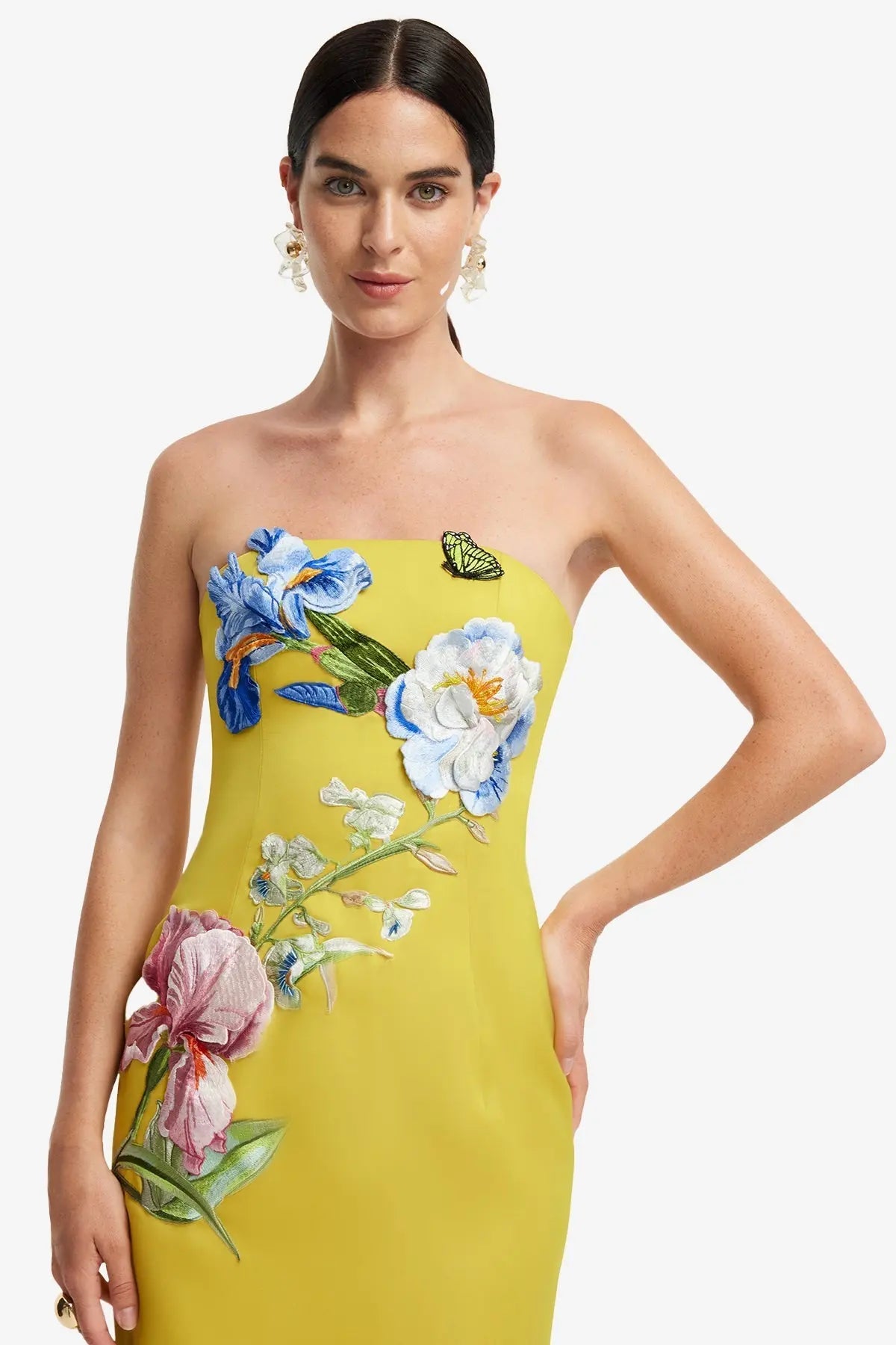 heloise Appliqué Floral Bustier Maxi Dress in yellow Avalabel
