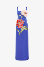 nicola square neck flower embroidery satin maxi dress in blue Avalabel