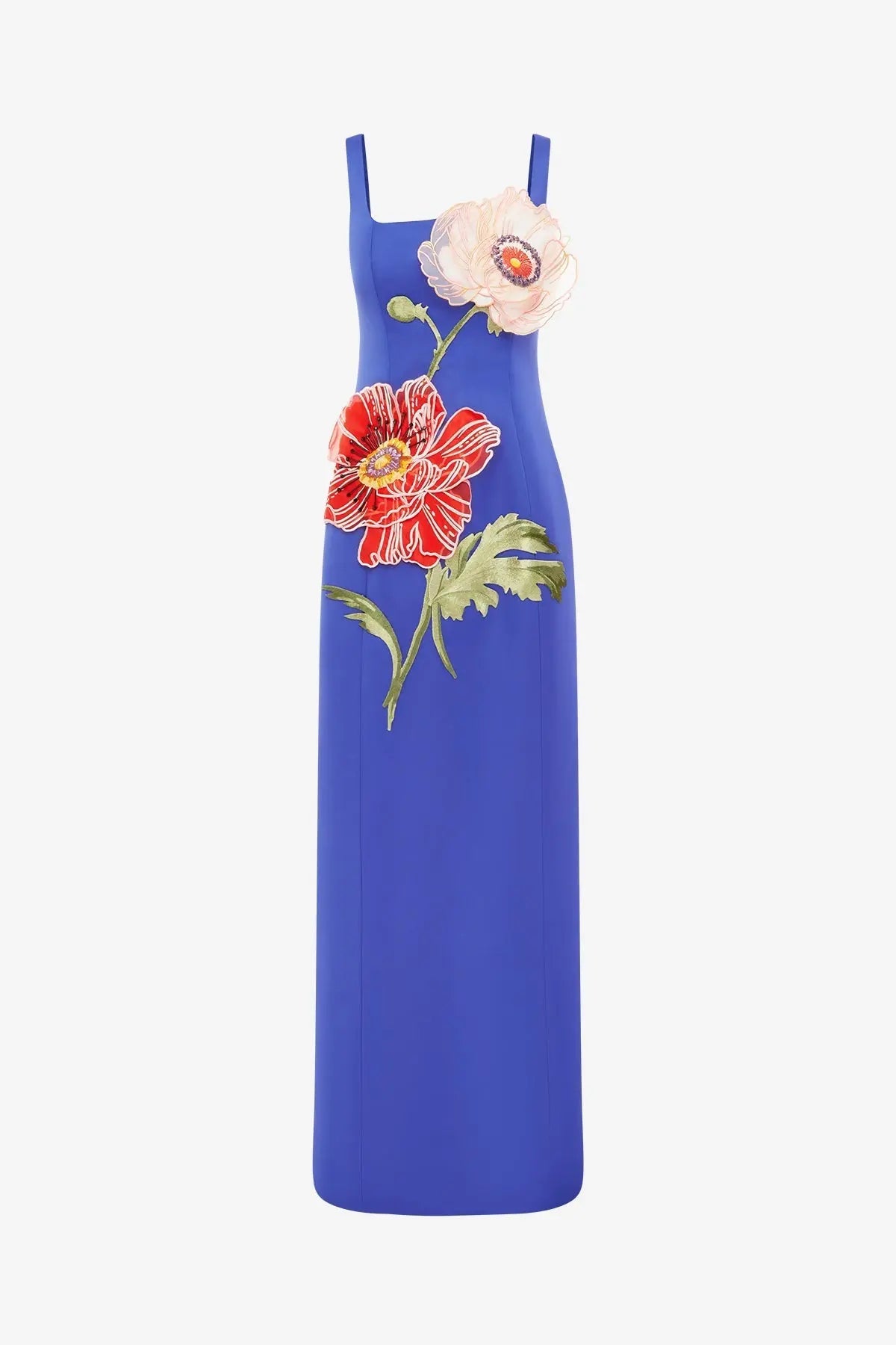 nicola square neck flower embroidery satin maxi dress in blue Avalabel