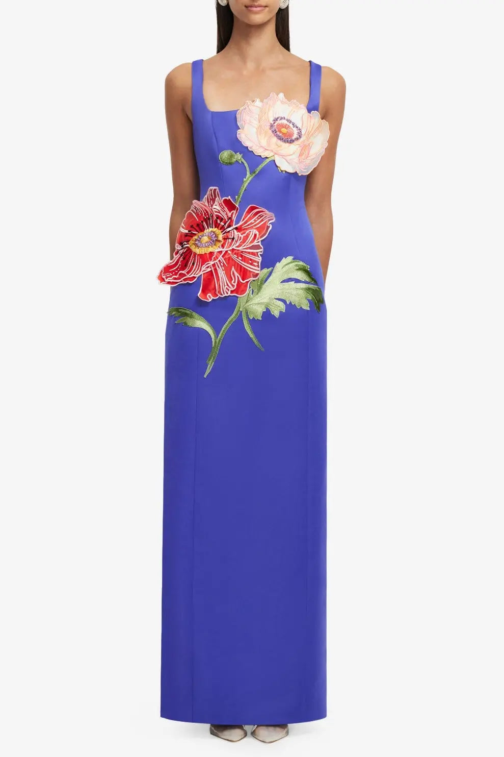 nicola square neck flower embroidery satin maxi dress in blue Avalabel