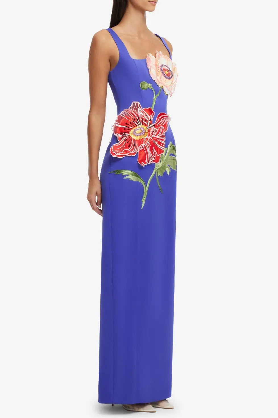 nicola square neck flower embroidery satin maxi dress in blue Avalabel