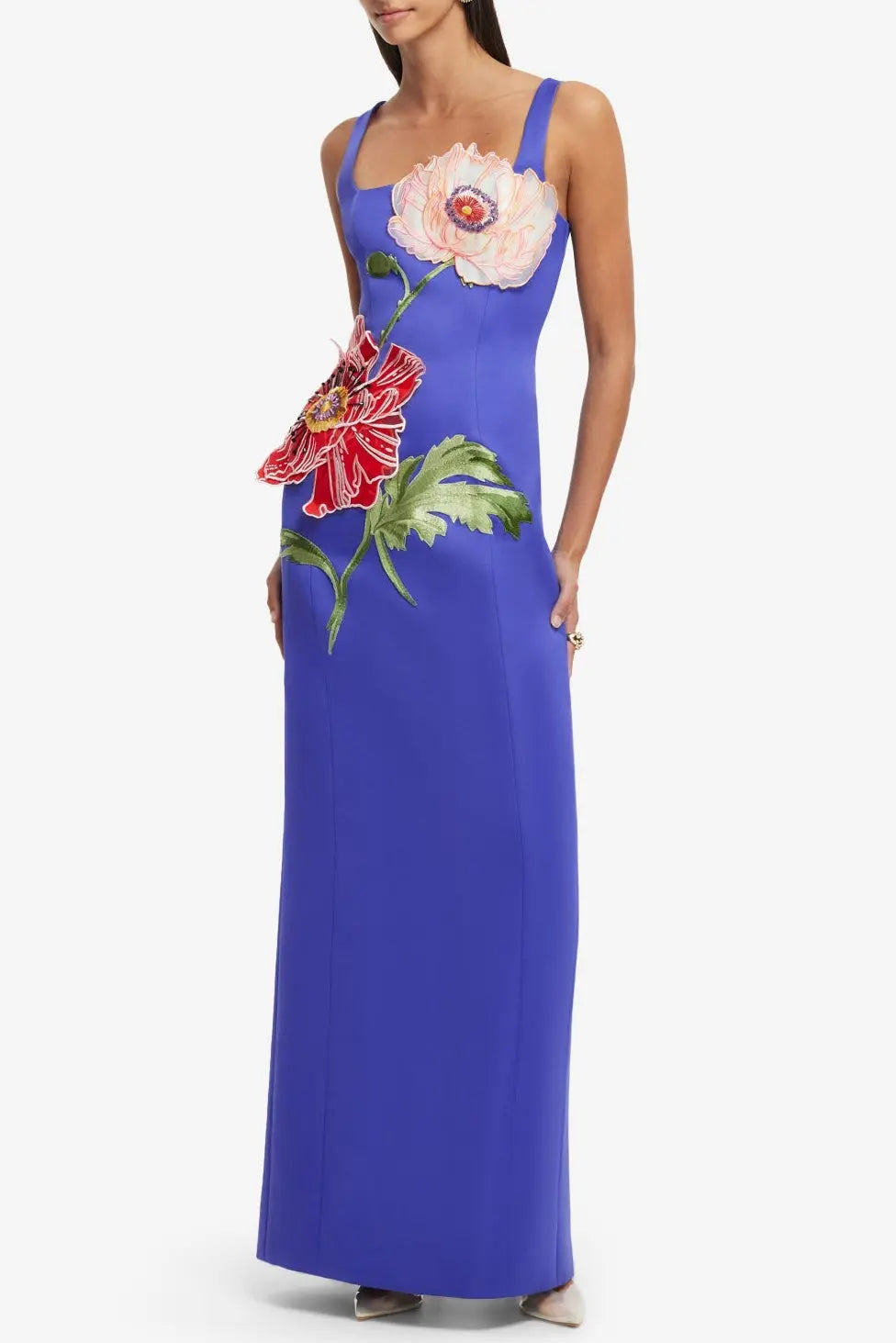 nicola square neck flower embroidery satin maxi dress in blue Avalabel