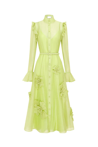 3D Flower Butterfly Sleeve Midi Dress - Chartreuse Avalabel