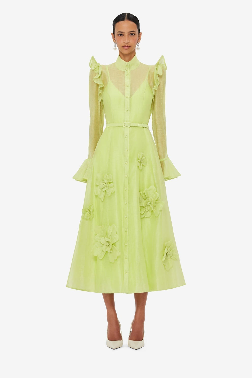 3D Flower Butterfly Sleeve Midi Dress - Chartreuse Avalabel