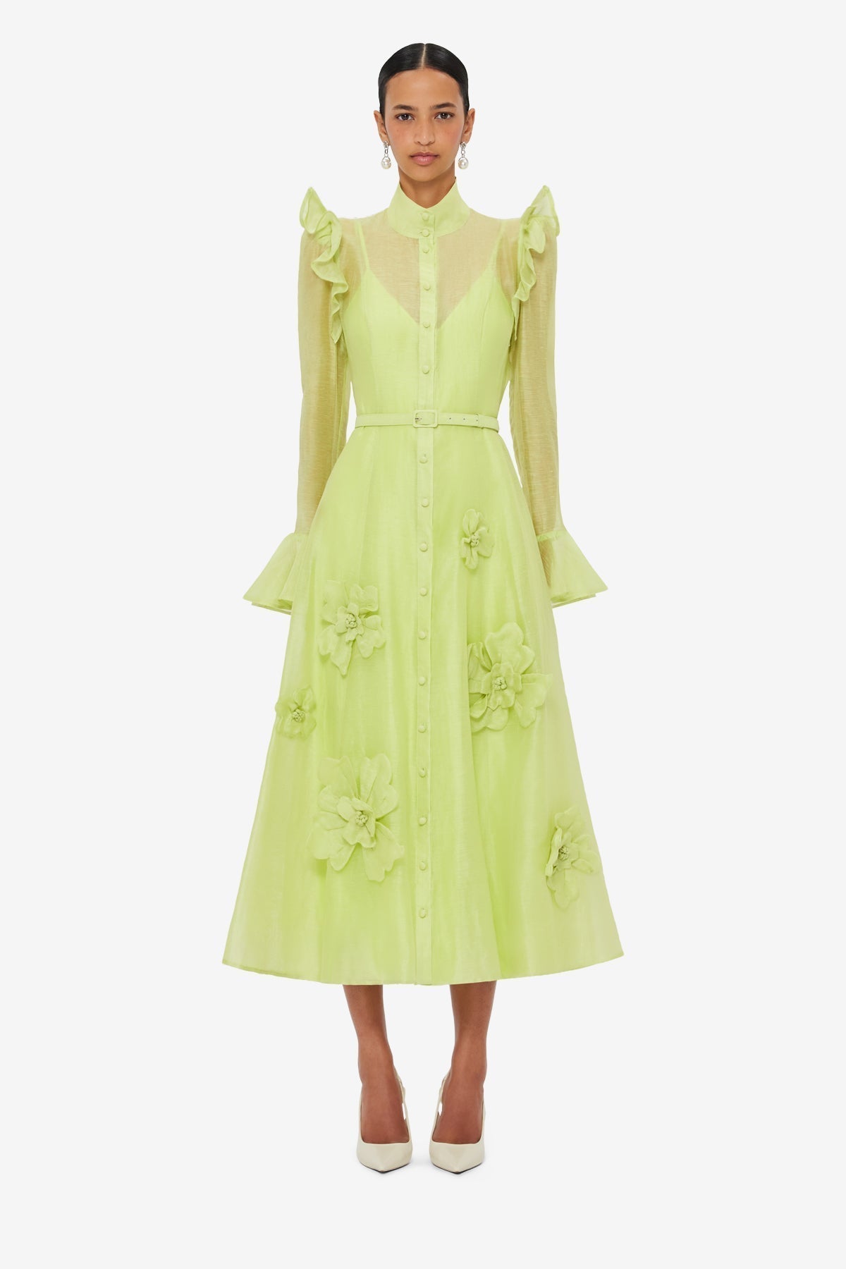3D Flower Butterfly Sleeve Midi Dress - Chartreuse Avalabel