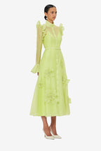 3D Flower Butterfly Sleeve Midi Dress - Chartreuse Avalabel