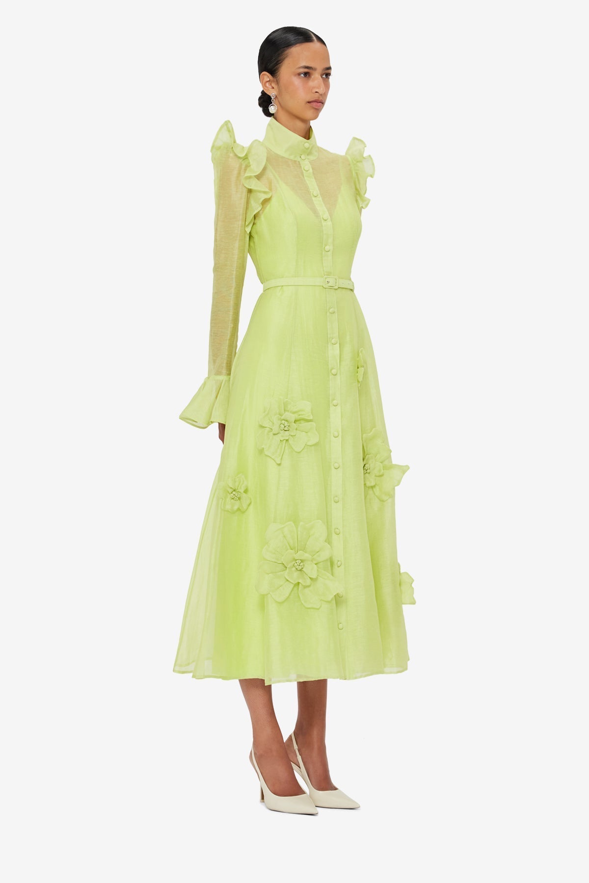 3D Flower Butterfly Sleeve Midi Dress - Chartreuse Avalabel