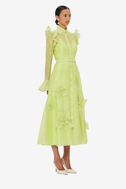 3D Flower Butterfly Sleeve Midi Dress - Chartreuse Avalabel