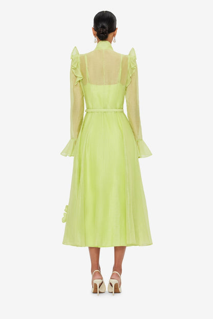 3D Flower Butterfly Sleeve Midi Dress - Chartreuse Avalabel