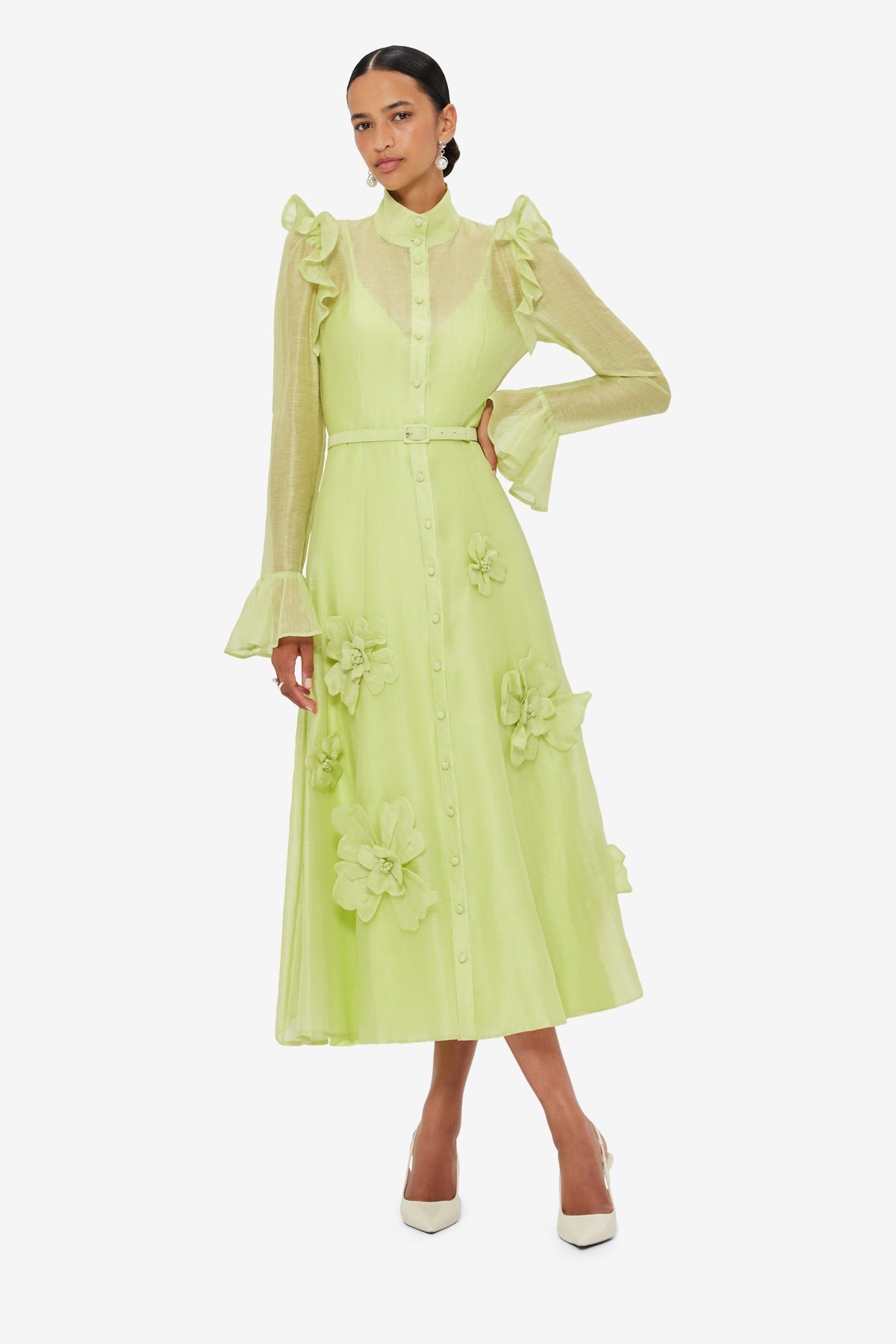 3D Flower Butterfly Sleeve Midi Dress - Chartreuse Avalabel
