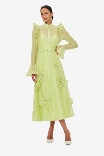 3D Flower Butterfly Sleeve Midi Dress - Chartreuse Avalabel