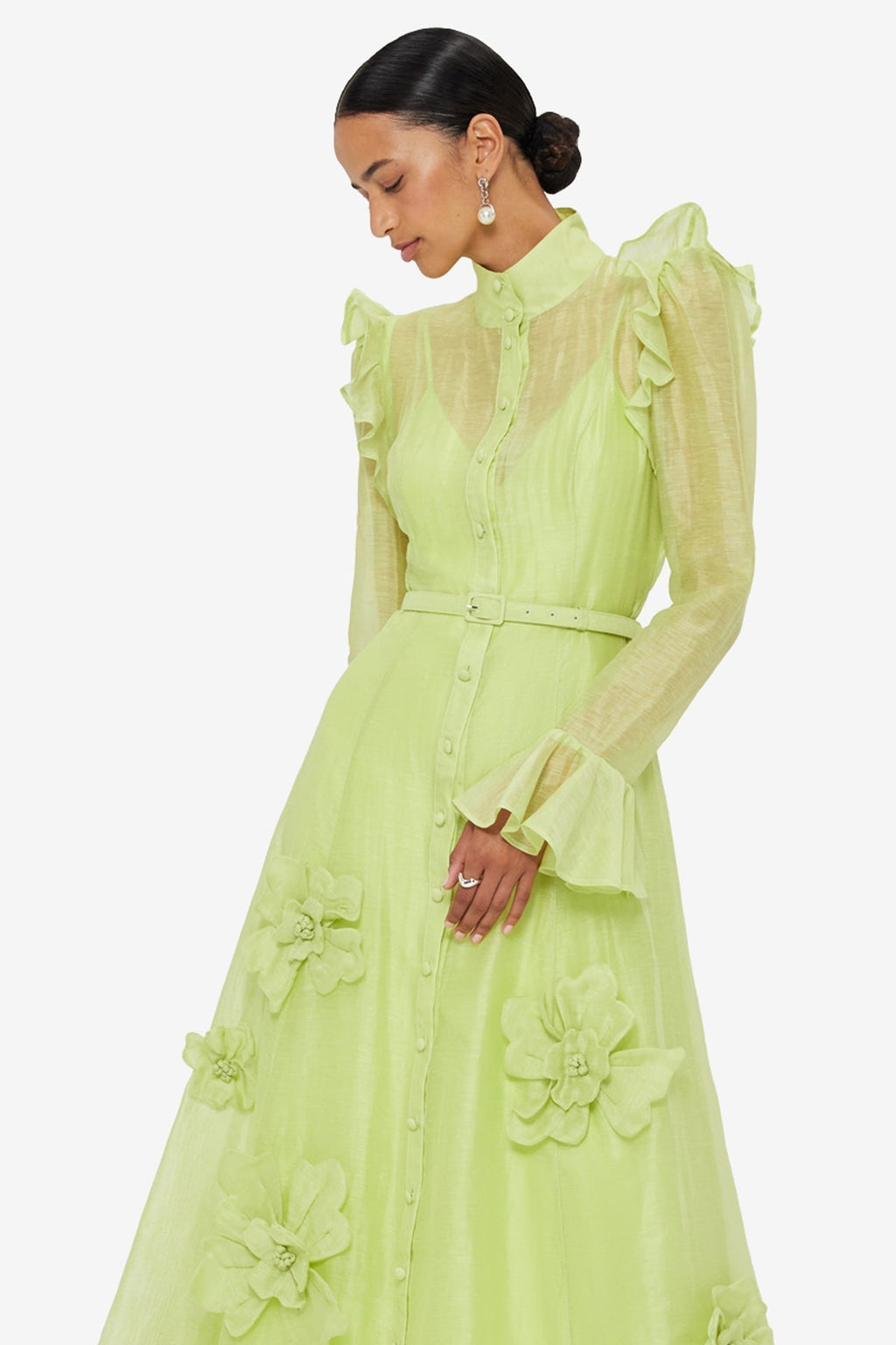 3D Flower Butterfly Sleeve Midi Dress - Chartreuse Avalabel