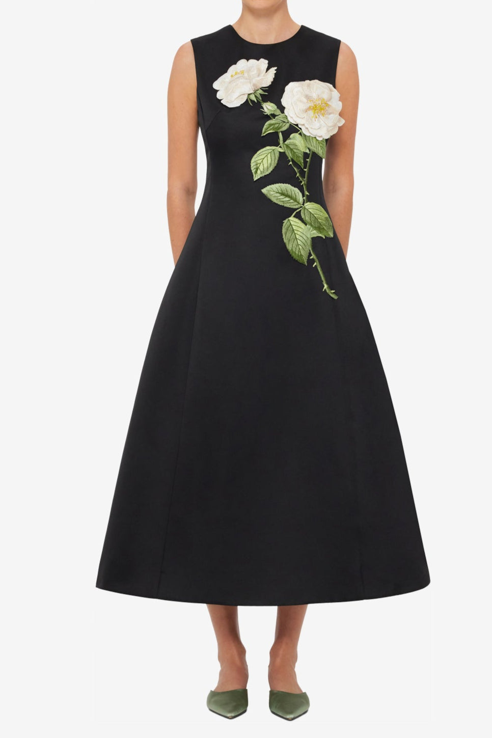 Kate Floral Print Embellished Sleeveless Midi Dress in Black Avalabel