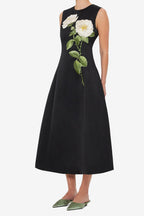 Kate Floral Print Embellished Sleeveless Midi Dress in Black Avalabel