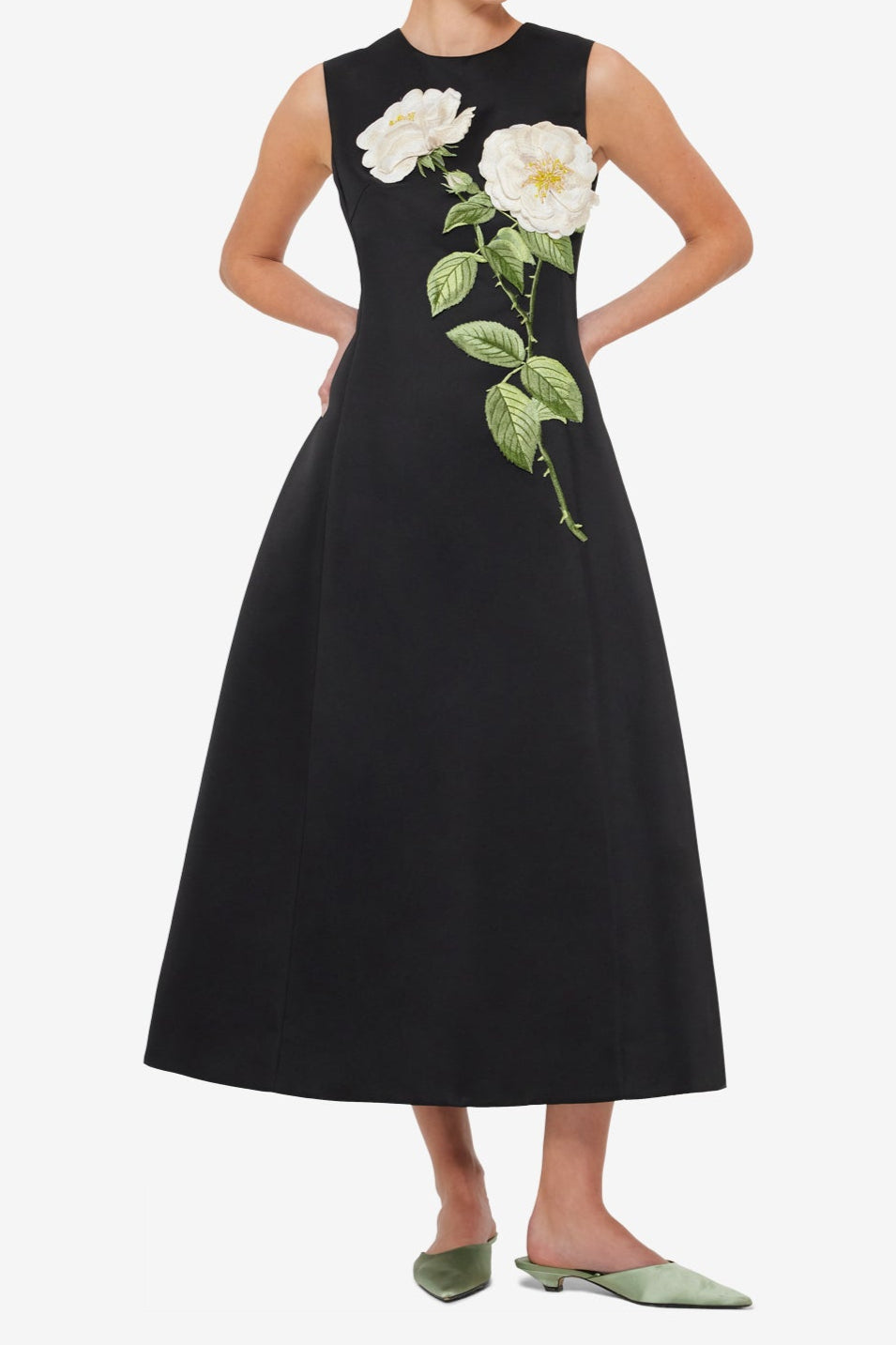 Kate Floral Print Embellished Sleeveless Midi Dress in Black Avalabel