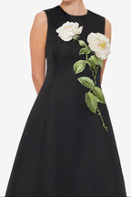 Kate Floral Print Embellished Sleeveless Midi Dress in Black Avalabel